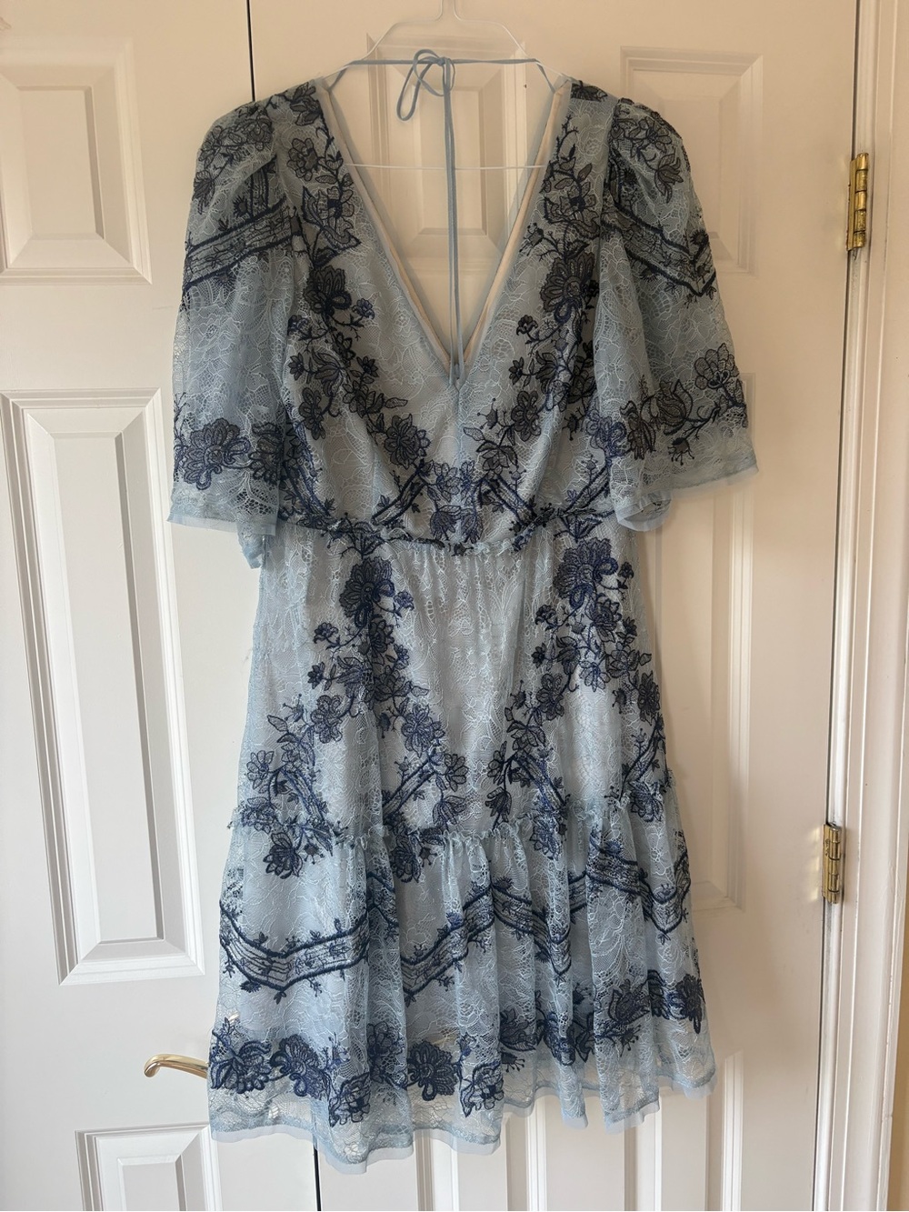 BCBGMaxAzria Pale Blue Lace Dress with Navy Floral Embroidery